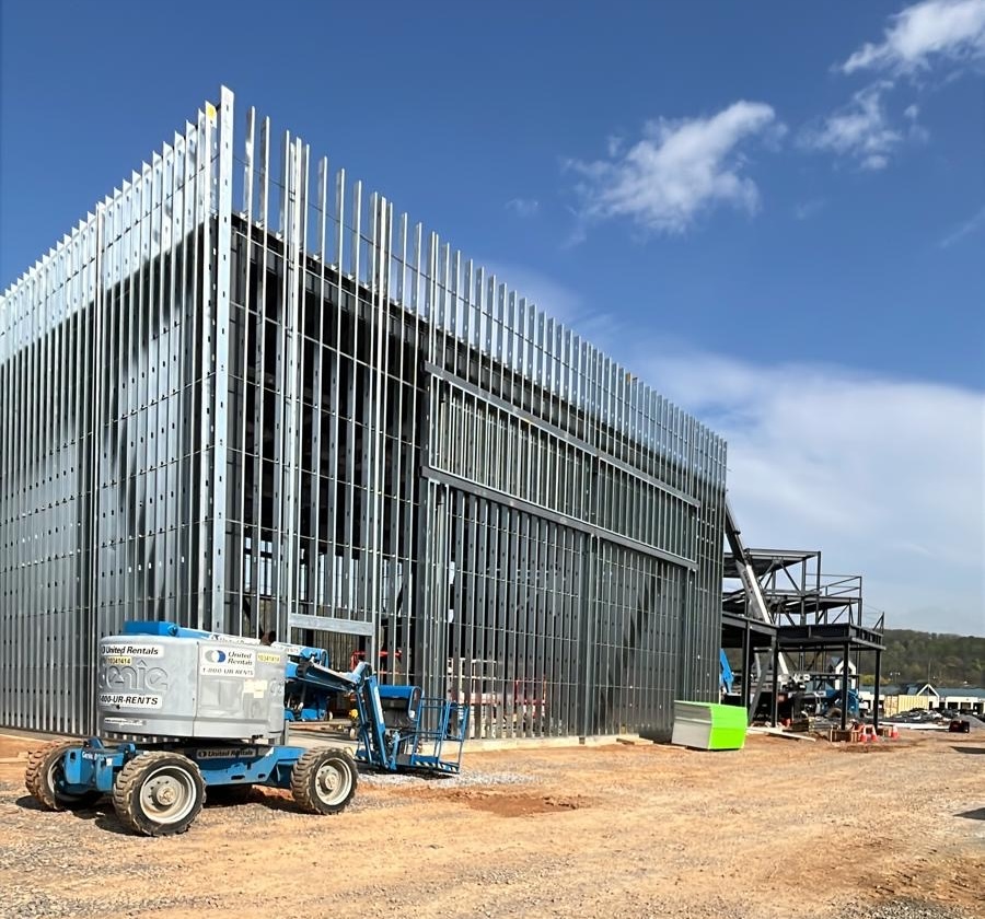 Metal stud framing erected on a commercial building exterior